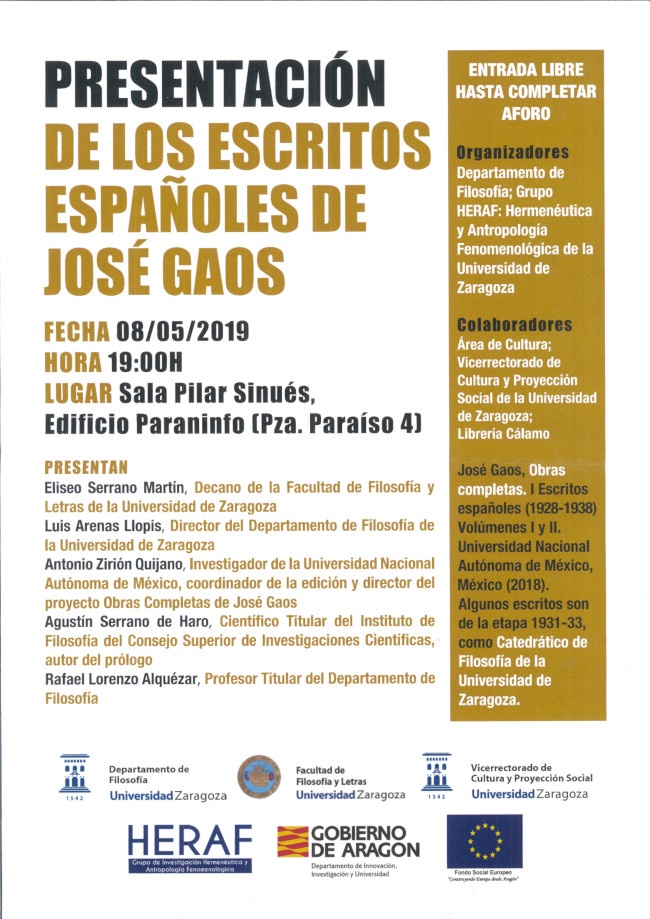 Presentación de los escritos españoles de José Gaos
