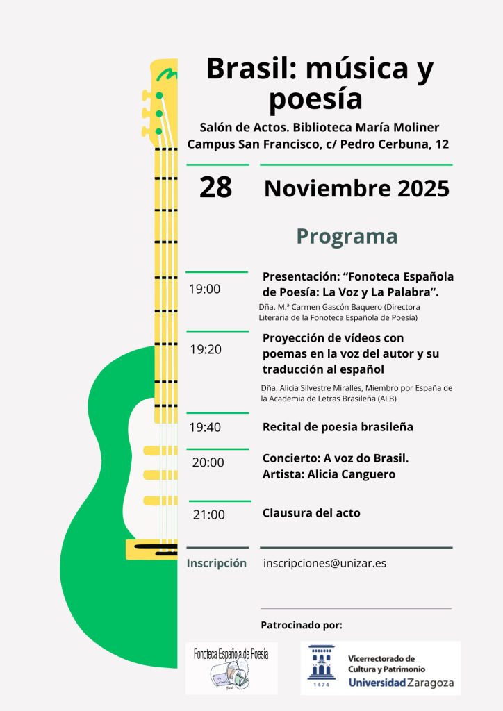 jornada sobre enseñanza de español para hablantes de portugués (PORT/BRAS), que tendrá lugar el 28 de noviembre en la Facultad de Filosofía y Letras de la Universidad de Zaragoza. Se trata de una iniciativa internacional gracias a la visita de la Universidad Estatal de Bahia (Brasil). Contamos con la colaboración de los Cursos de español como lengua extranjera, del Máster de Español como lengua extranjera y del Centro Universitario de Lenguas Modernas (CULM), todos ellos de la Universidad de Zaragoza. Este evento será de interés para profesores de español en formación, alumnado del máster citado y del grado de Filología Hispánica, estudiantes de español y portugués, profesores de portugués y toda persona interesada en la relación entre ambas lenguas y culturas. El evento es híbrido: presencial y virtual. Los asistentes en línea podrán acompañar el evento por Google Meet. Se facilitará el enlace de acceso a los inscritos. Las inscripciones se realizan escribiendo al correo: inscripciones@unizar.es, indicando nombre y apellido, si se acudirá presencial o virtualmente, y si se desea certificado. Esta información puede ser divulgada a quienes consideren que pueden tener interés, especialmente universidades españolas, portuguesas y brasileñas.